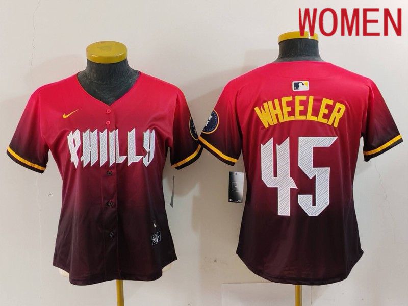 Women Philadelphia Phillies #45 Wheeler Red City Edition 2024 Nike MLB Jersey style 1